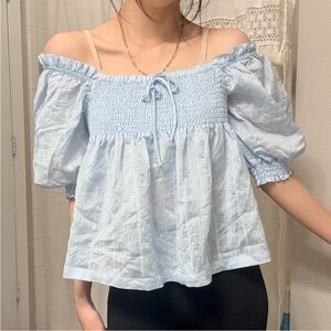 NANING9 | Smocked Off Shoulder Babydoll Blouse | Sky Blue | XS/S | NWOT